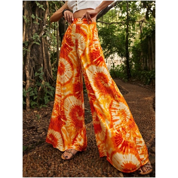 Boho Orange Tie Dye Wide leg Palazzo Pants - Picture 2 of 5